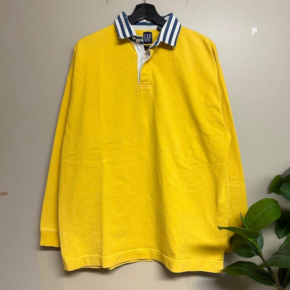 Vintage 90s GAP Yellow Denim Collar Rugby Polo Shirt Mens Medium Long Sleeve